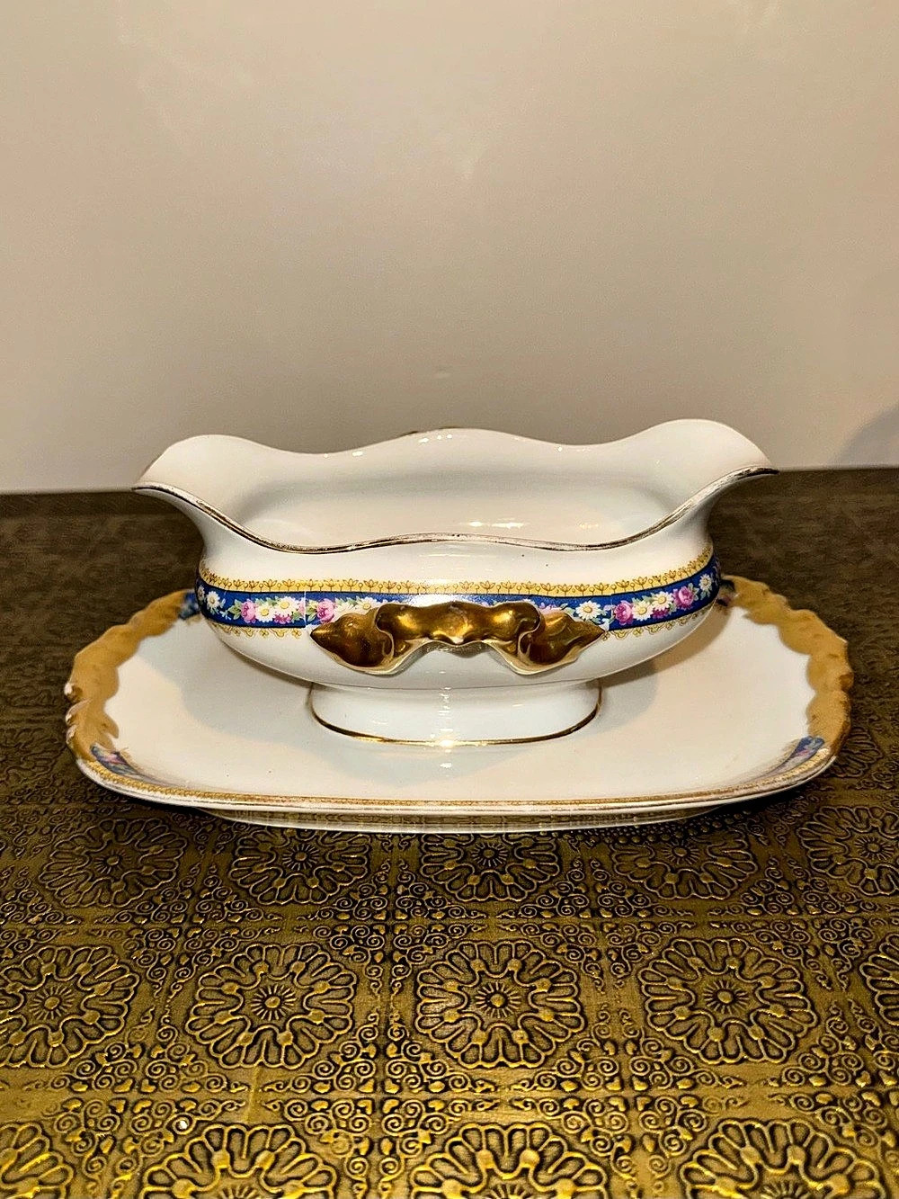 J.P. Limoges Porcelain Gravy Boat & Underplate Floral Serveware